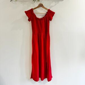 Bardot Midi Square Neck Smocked Red Dress Size US8/M